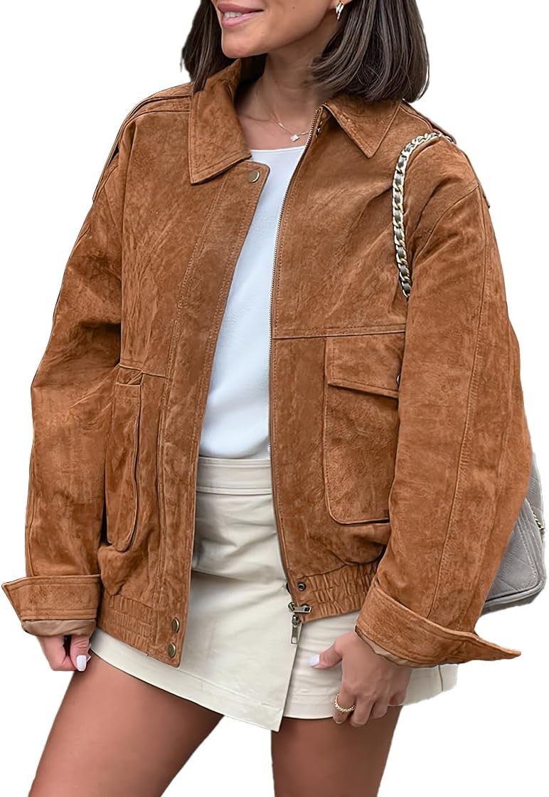 chouyatou Women Vintage Faux Suede Jacket Zip Up Bomber Jacket Lapel Collar Cropped Biker Moto Jacket Coat | Amazon (US)