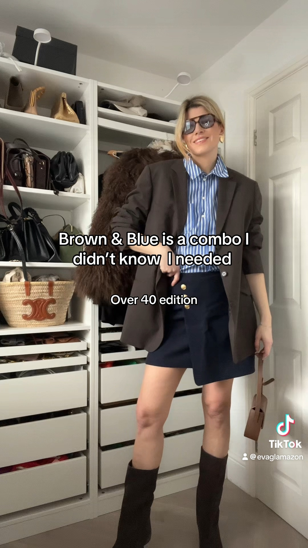 Wo skirt, mini skirt, navy skirt, brown blazer, suede boots, tortoise sunglasses, striped shirt, sezane top, sezane skirt, brown bag 

#LTKuk #LTKeurope #LTKFashionMonth