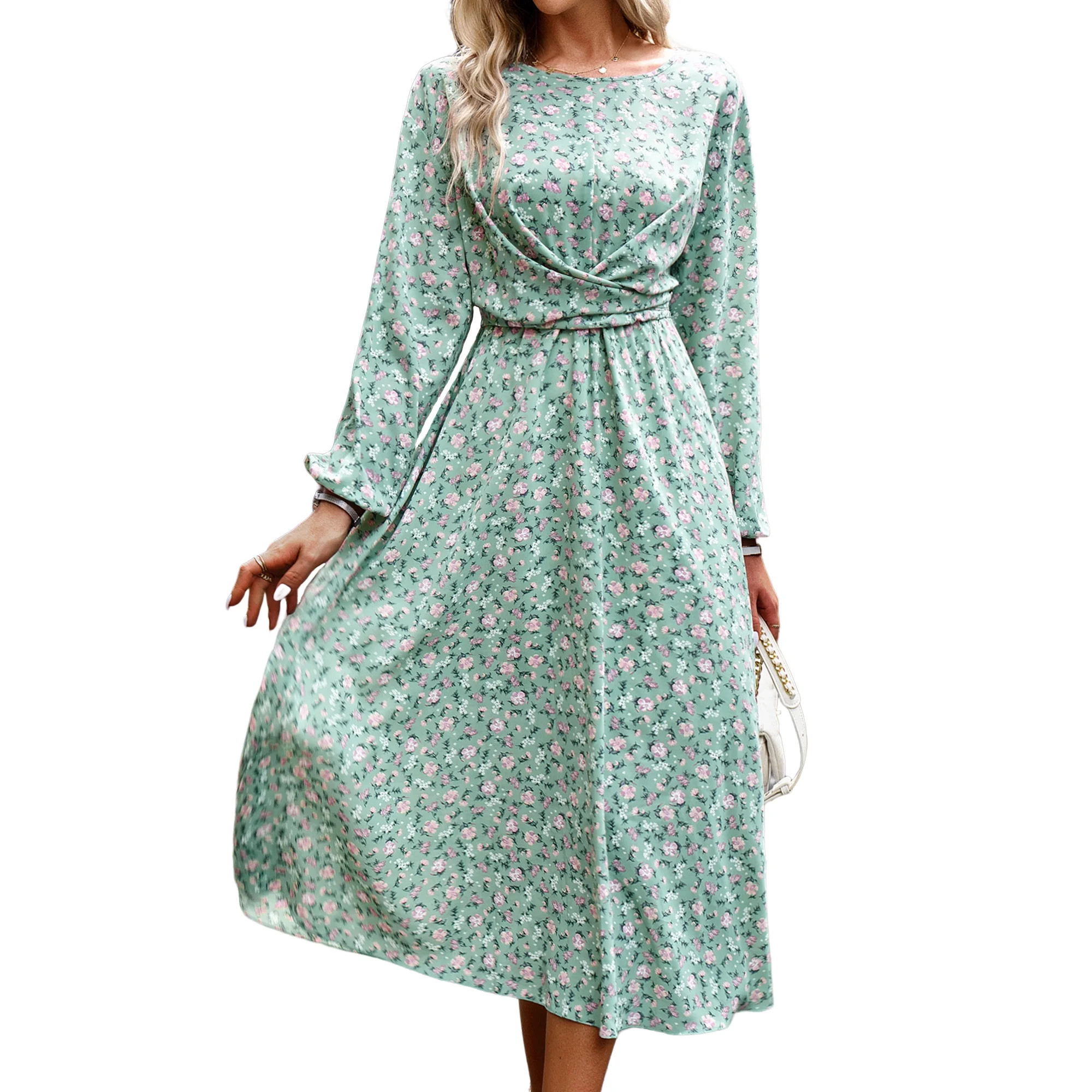 Hanerdun Women Floral Belted Dresses Female Long Sleeve A-Line Midi Party Casual Dress Green S | Walmart (US)