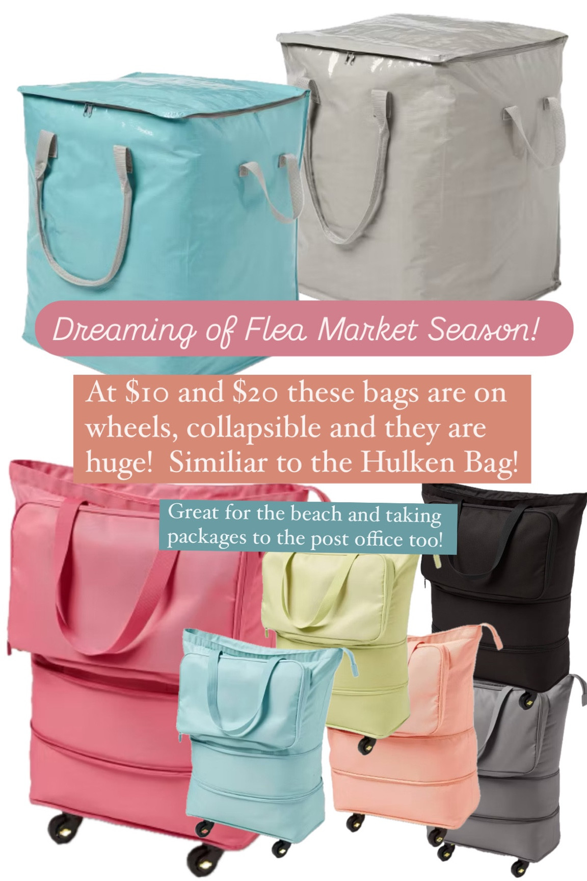 These collapsible Bags on wheels are a great solution for toting your flea market finds, trips to the post and even the beach!  They are nice and Big too!  

#LTKTravel #LTKItBag #LTKMostLoved