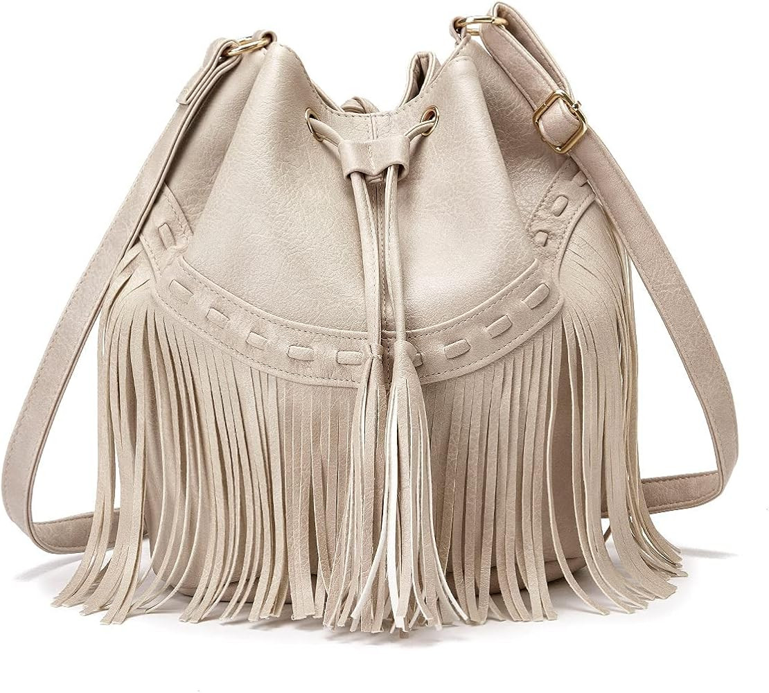 Leather Bucket Bags for Women Crossbody Fringe Purses with Drawstring Ladies Tassel Hobo and Shou... | Amazon (US)
