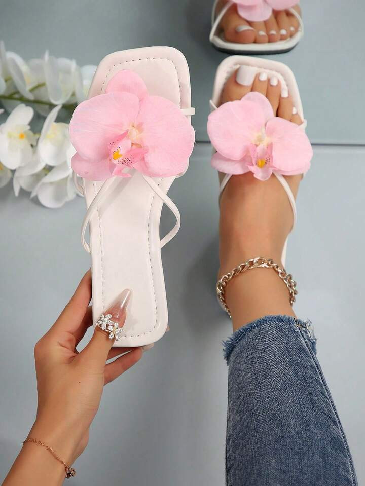 French Style Flat Flower Slip-On Sandals For Women, Summer Outdoor Wear New Design, Fashionable Slippers Suitable For Dates, Shopping, Parties | SHEIN