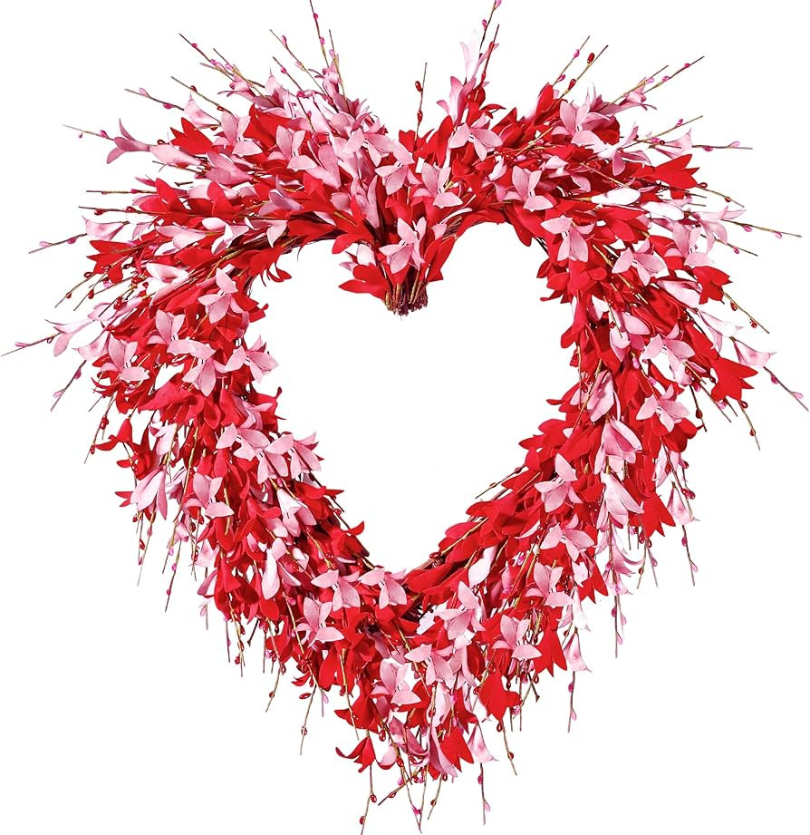 Sggvecsy 19in Heart Shaped Valentine's Day Wreath, Pink & Red Foam Forsythia Flowers, Grapevine B... | Amazon (US)