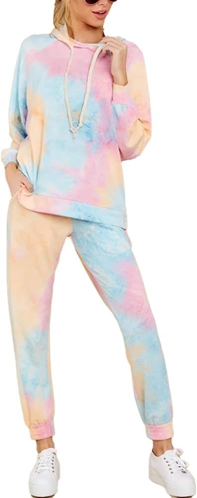 Women 2 Piece Tie Dye Sweatsuit Pullover Shirts and Drawstring Sweatpants Set | Amazon (US)