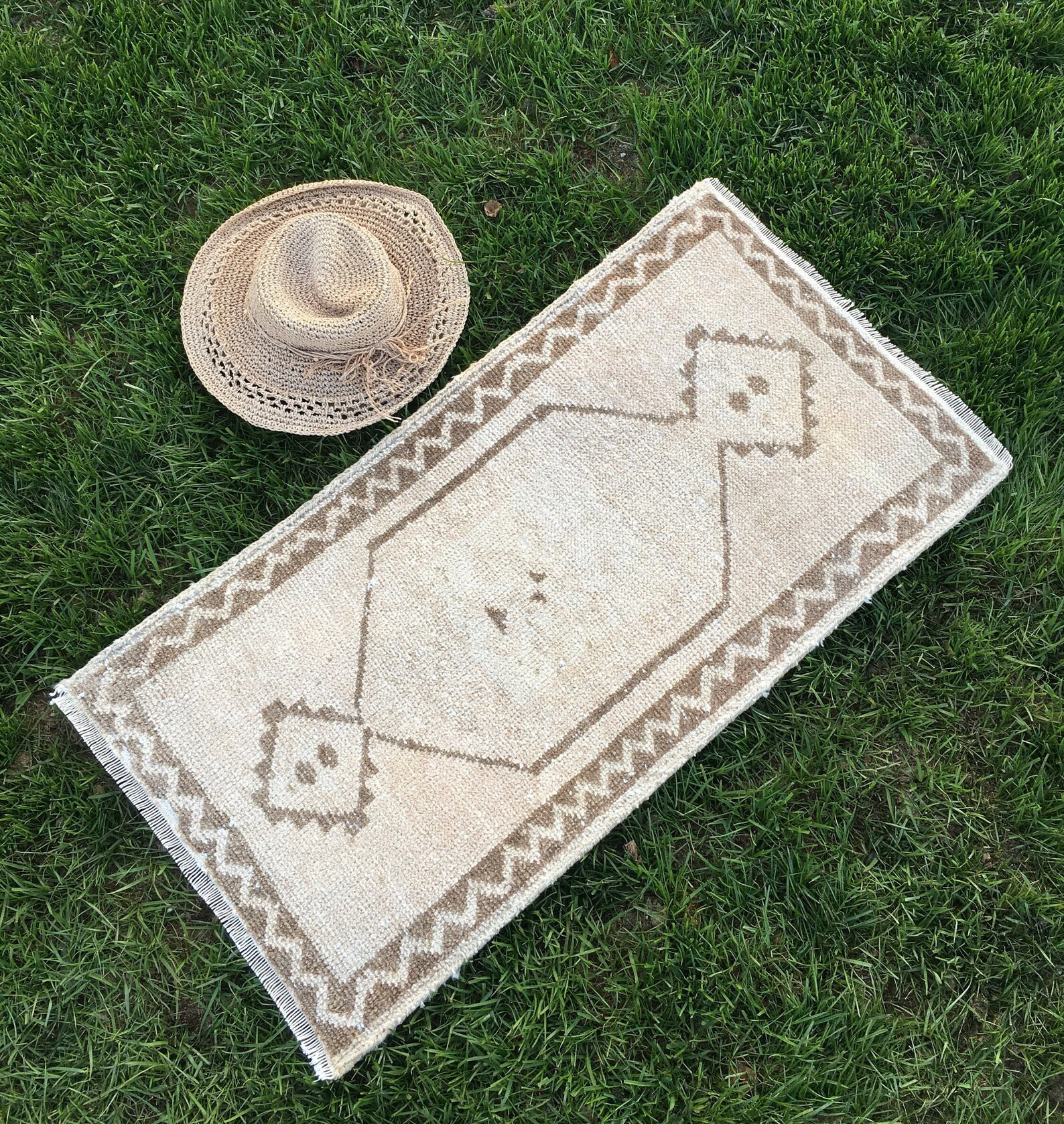Small Turkish Rug for Bathroom, Beige, Brown, Wool 1.8x3.3 ft. Zemfira AD-1081 | Etsy (US)