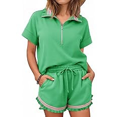 Aoysky 2 Piece Outfits Short Sets for Women Sweatsuit Casual Tracksuits Summer Half Zip Ruffle To... | Amazon (US)