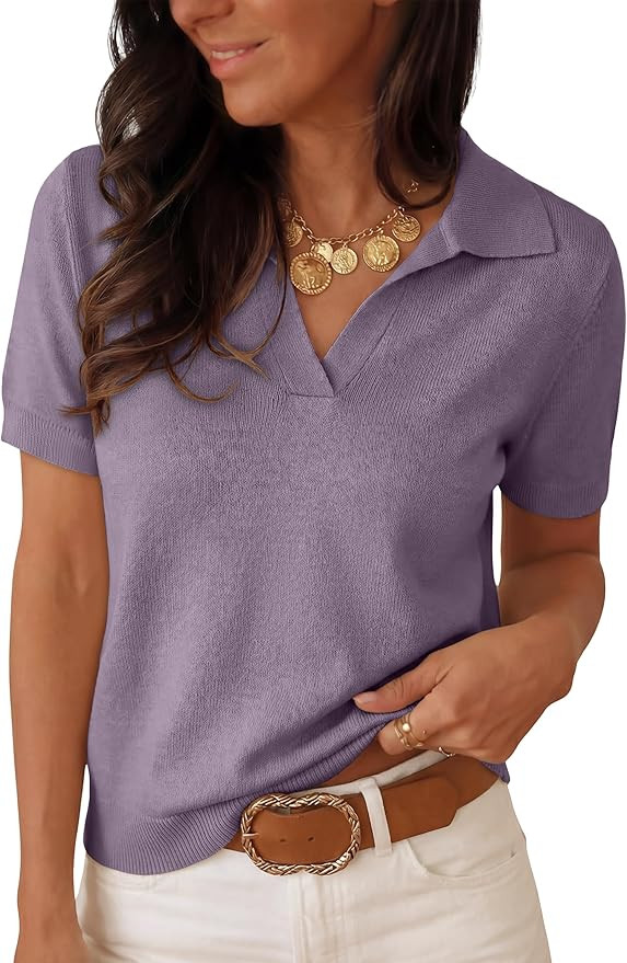 ANRABESS Women Short Sleeve Sweater Wool Blend Polo V Neck Shirts Summer Dressy Top Business Casu... | Amazon (US)