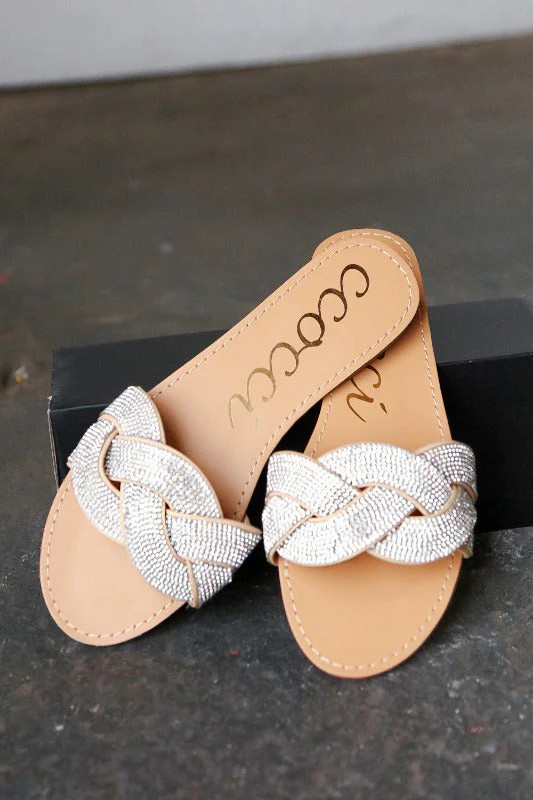 Taupe Braided Rhinestone Vegan Leather Slide Sandals *Online Exclusive* | Shop Sassy Boutique