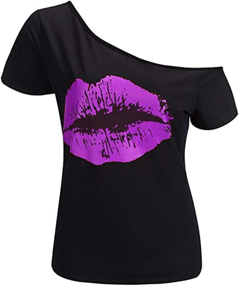 MAGICMK Women’s Short Lips Print Causal Off The Shoulder Plus Size T-Shirt Tops | Amazon (US)