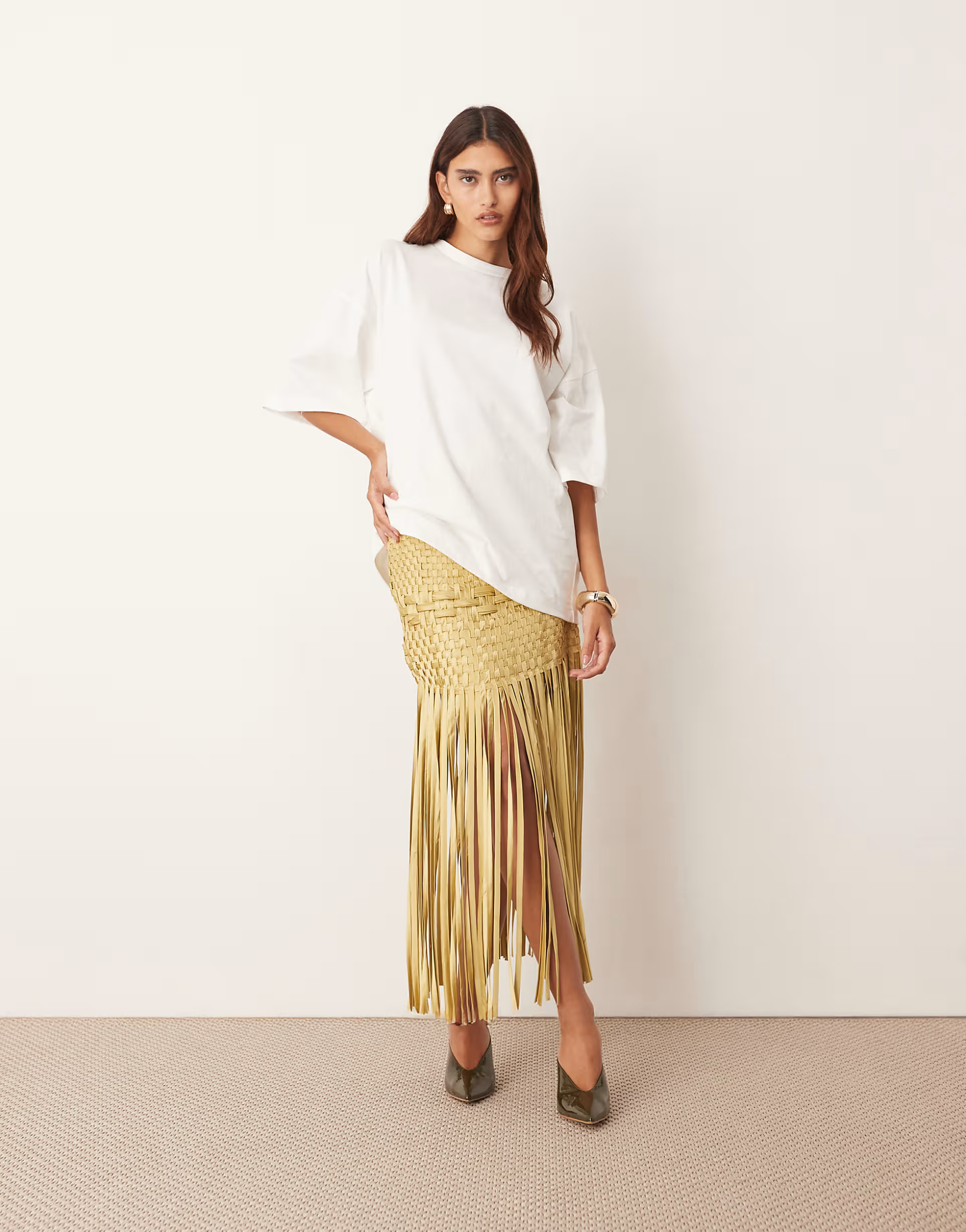 ARRANGE lattice handwoven fringe hem midi skirt in olive | ASOS (Global)