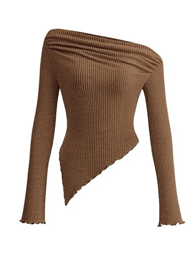 PRETTYGARDEN Women's Spring Long Sleeve Y2K Crop Top Trendy Off Shoulder Asymmetrical Fitted Knit Tee Shirts Going Out Tops (Brown,Large) | Amazon (US)