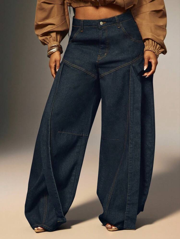 Denimoi Wide Leg Barrel Denim Jeans Statement Jeans Fashionable Barrel Jeans | SHEIN