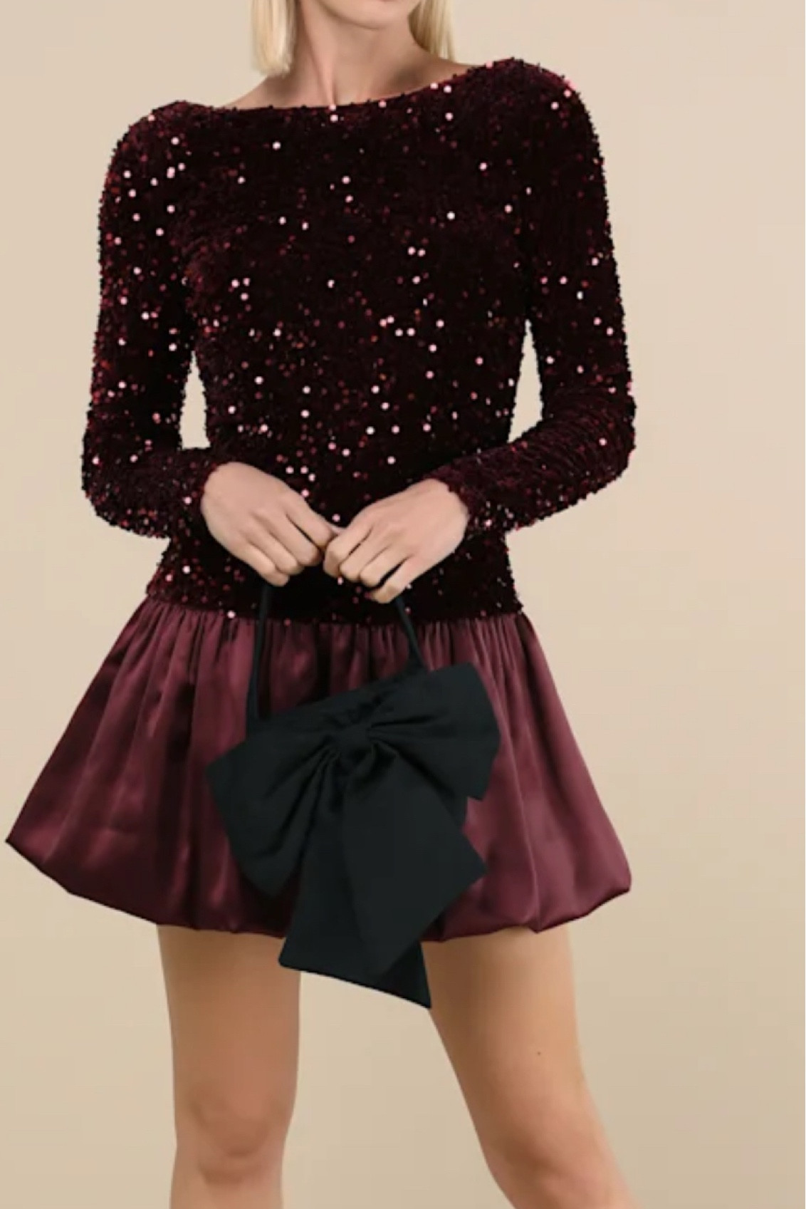 The evening will be all about you in a gorgeous look like the Lulus Event Aura Burgundy Sequin Long Sleeve Mini Dress! Soft and stretchy velvet boasts a shiny sequined effect as it shapes long fitted sleeves and a figure-skimming bodice with a boat neckline and a flirty open back that secures with a slender top tie. Drop-waist silhouette continues with a satin skirt that falls to a bubble-style mini hem. Hidden zipper at back.

#LTKHoliday #LTKGiftGuide #LTKParties