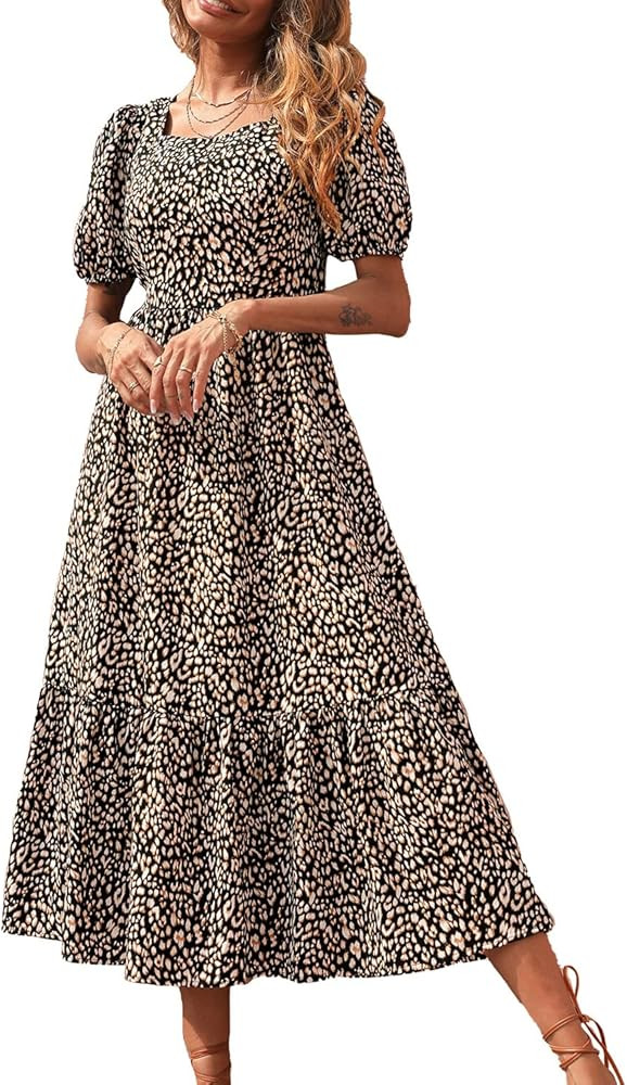 PRETTYGARDEN Women's Bohemian Dress Leopard Tie-Back Square Neck Puff Sleeve Ruffled Hem Summer Maxi | Amazon (US)