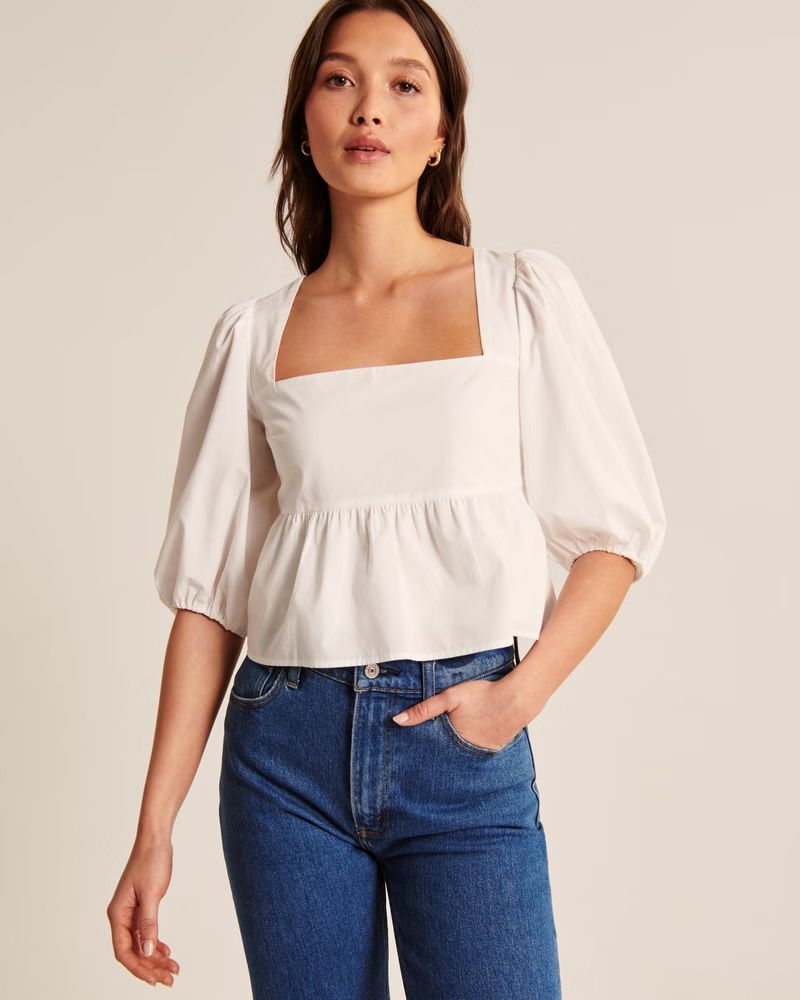 Women's Puff Sleeve Poplin Squareneck Top | Women's Tops | Abercrombie.com | Abercrombie & Fitch (US)