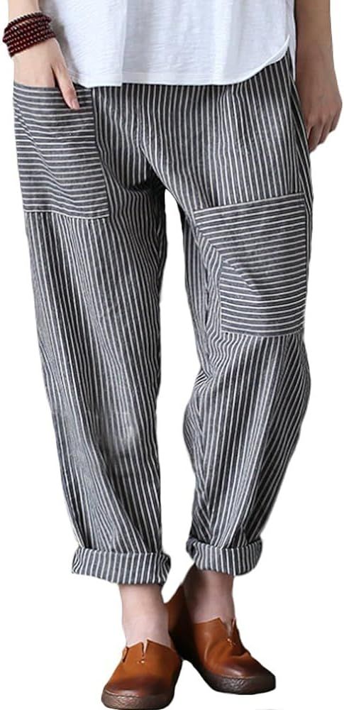 Minibee Women's Wide Leg Harem Pants Cotton Linen Striped Casual Palazzo Pants with Pockets | Amazon (US)