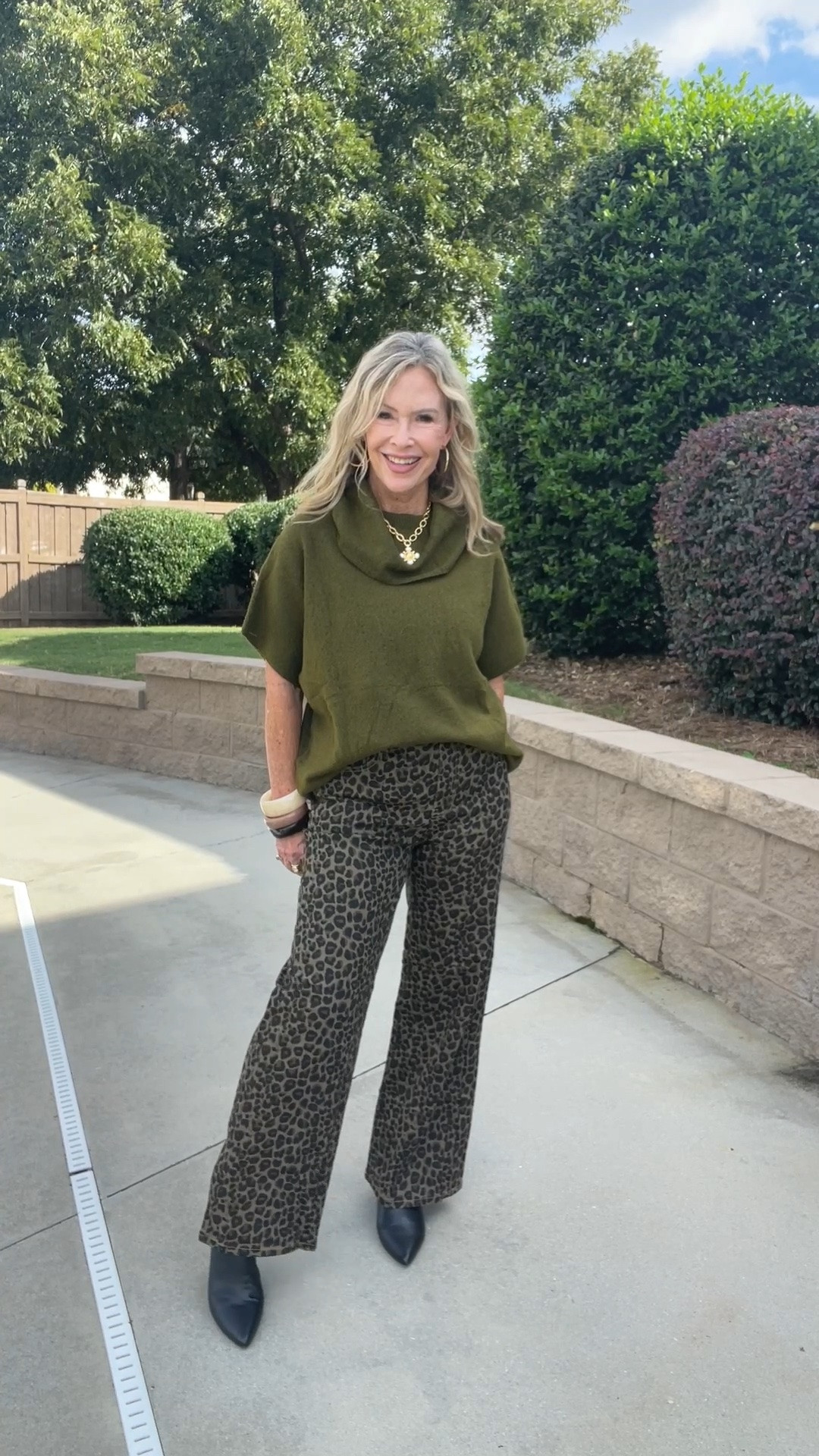 Love this cowl neck sweater in this beautiful green with the leopard print pants!!!