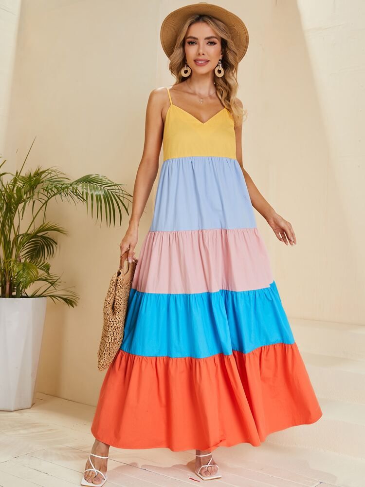 SHEIN Colorblock Ruffle Hem Cami Dress | SHEIN
