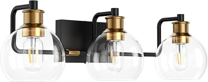 Tipace Black & Gold Vintage Bathroom Vanity Light Fixtures Over Mirror Glass Globe 3 Lights Indus... | Amazon (US)