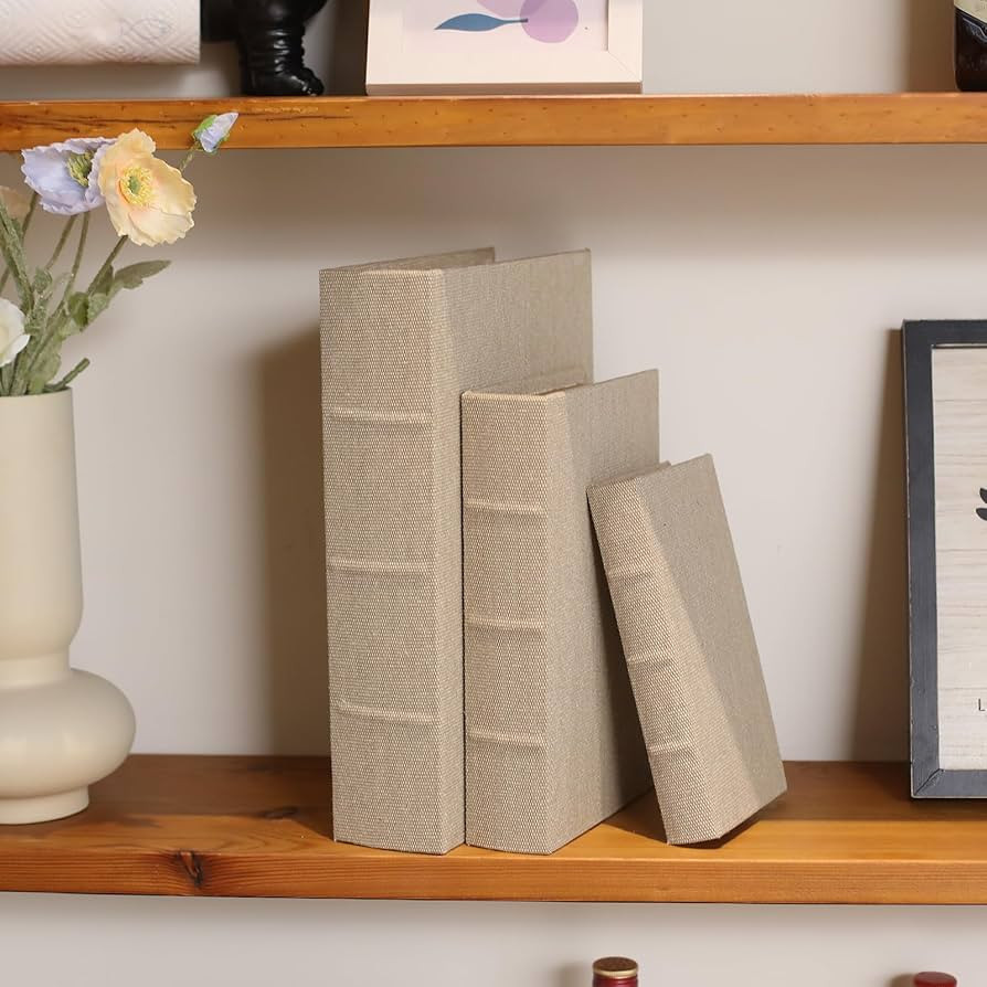 Modern Linen and Wood Decorative Faux Book Boxes Set of 3-13",10",8" - Beige | Amazon (US)