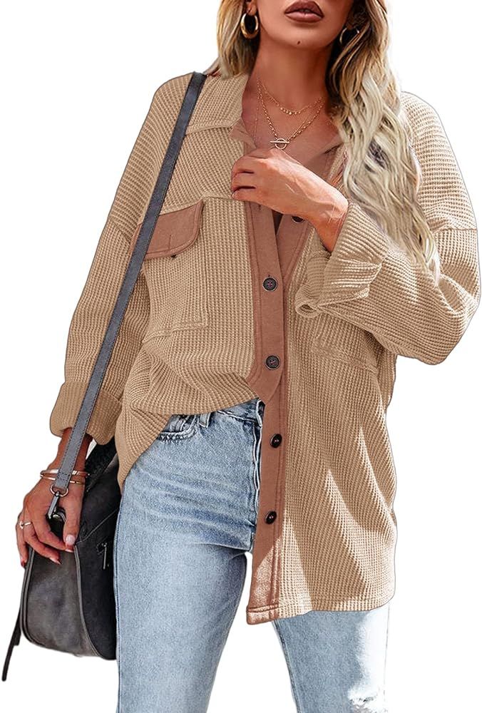 MISUMALLS Women's Waffle Knit Shacket Collared Long Sleeve Button Down Thermal Shirt Oversized Jacke | Amazon (US)