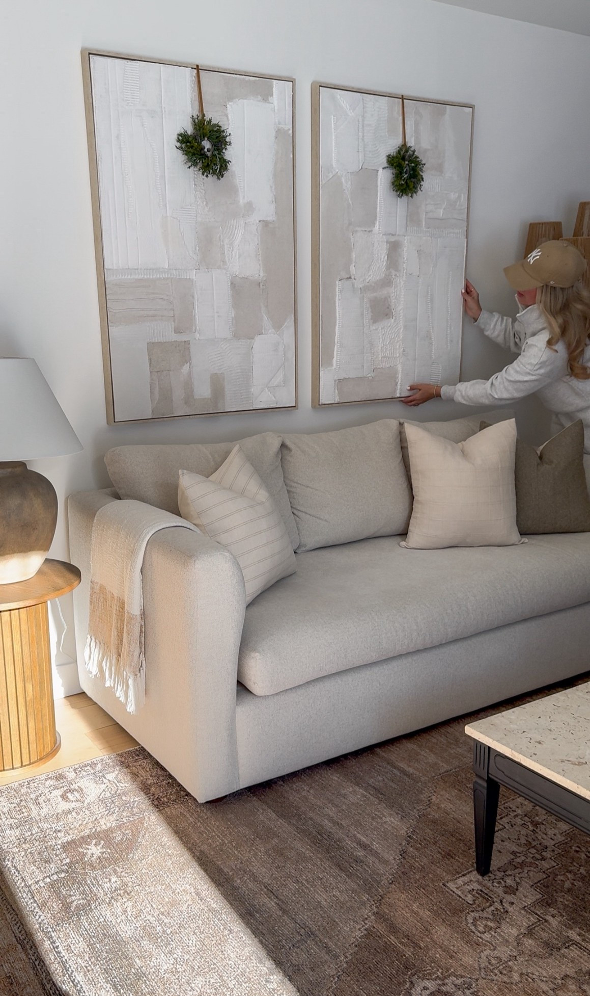 Textured artwork, upholstered furniture, vintage rug and an aged table lamp bring so much warmth to this neutral view🫶🏼 

#LTKHome #LTKSaleAlert