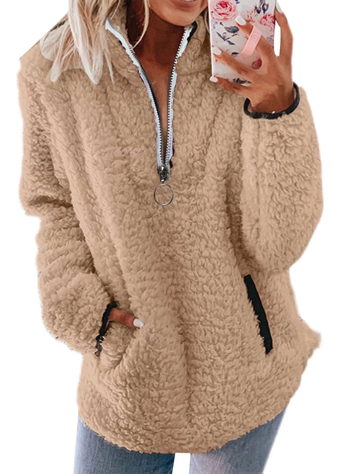 Sexy Dance Womens Fuzzy Fleece Pullover Winter Warm Sherpa Sweatshirt Tops Stand Collar Zip up Ja... | Walmart (US)