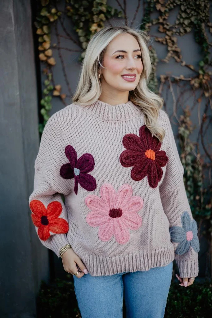 Tan Floral Knit Stitched Sweater | Katydid.com