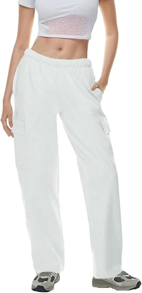 QIBABU Womens Fleece Cargo Sweatpants Casual Baggy Wide Leg Jogger Pants Athletic Open Bottom wit... | Amazon (US)