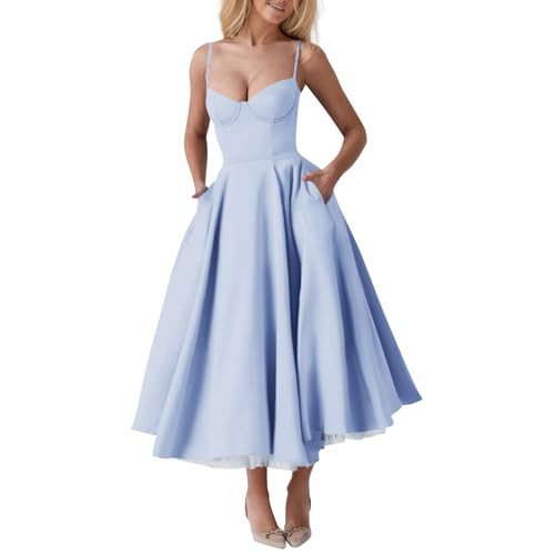 Womens Corset Dress Spaghetti Strap Bustier Midi Dress Vintage Party Dress Flowy Pleated Hem Low Cut Prom Dresses Corset Dress | Amazon (US)