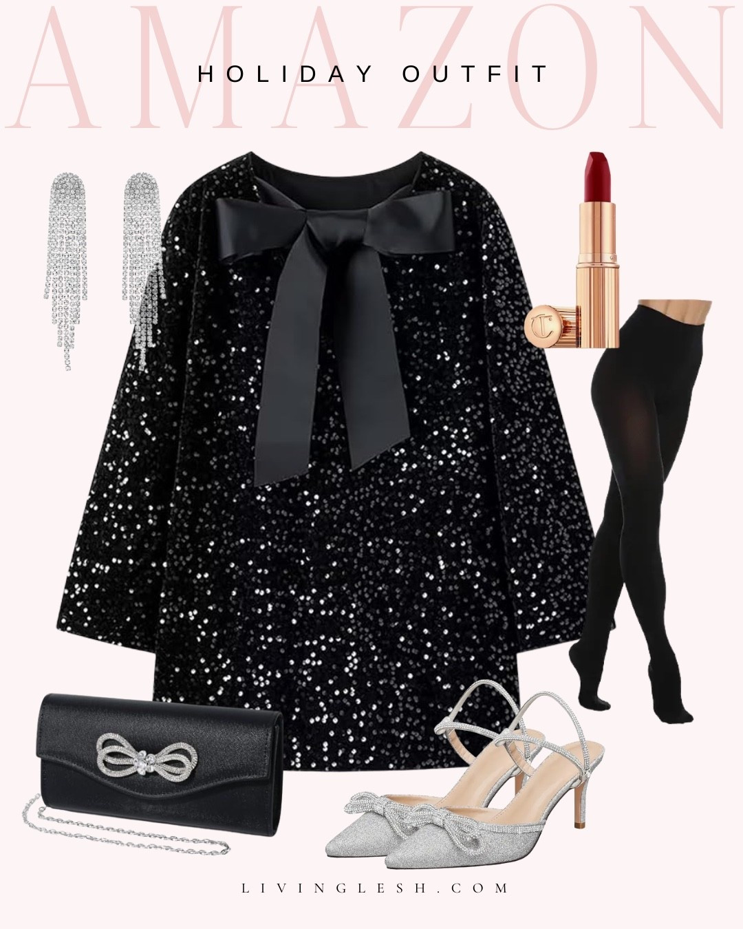 Black sequin dress | Christmas dress | Bow heels | Sequin dress | Satin clutch | Shiny bow clutch | Rhinestone earrings | Matte lipstick | Sequin earrings | Tights | Elegant outfit | Holiday dress | New years outfit | New Year's party

#LTKHoliday #LTKSeasonal #LTKFindsUnder50