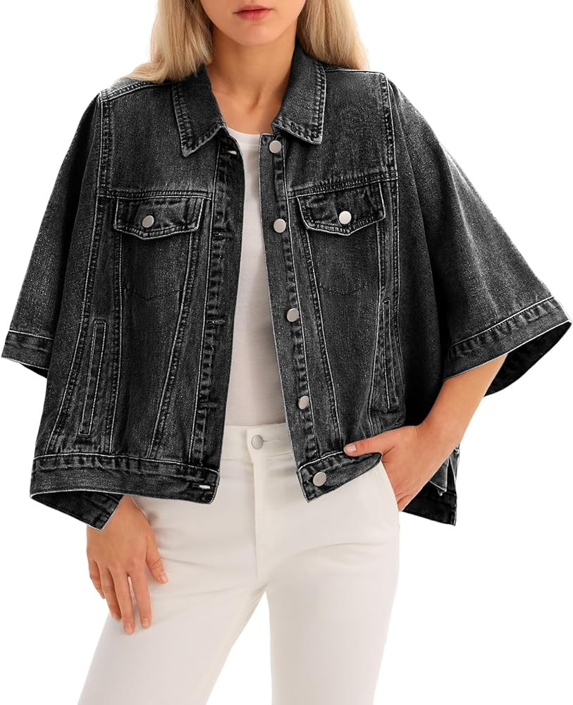 Tankaneo Womens Jean Jacket Oversized Cropped Short Sleeve Cotton Denim Jacket Fall Trendy Cape O... | Amazon (US)