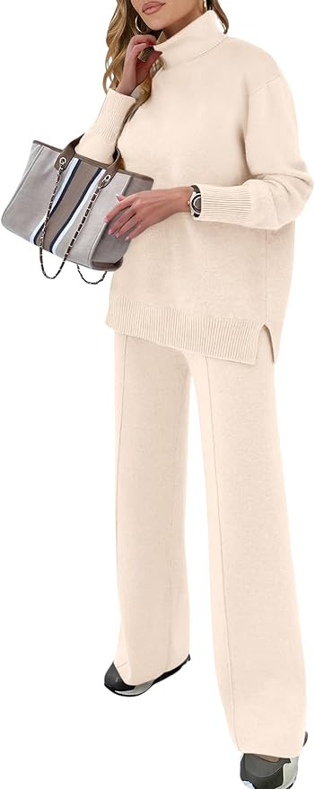 ANRABESS Womens 2 Piece Outfits Sweater Sets Loose Turtlenck Knit Pullover Top Wide Leg Pants 202... | Amazon (US)