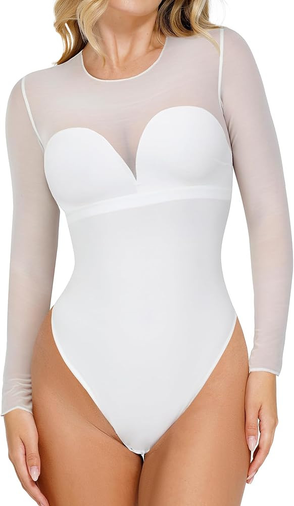 Popilush Long Sleeve Mesh Shapewear Bodysuit for Women Tummy Control Sheer Body Suits Womens Buil... | Amazon (US)