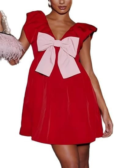 Muineobuka Womens Valentines Heart Babydoll Dress Sexy Bow Tie Puff Short Sleeve Mini Dresses Y2k... | Amazon (US)