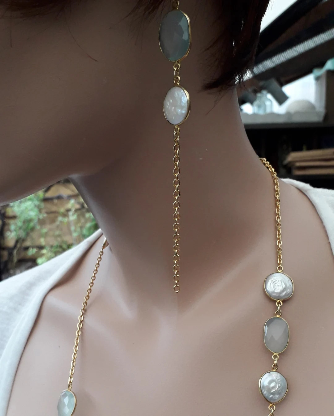 Chalcedony & Pearl Chain Set, Extra Long Pearl Chalcedony Chain Necklace, Pearl and Chalcedony Ch... | Etsy (US)