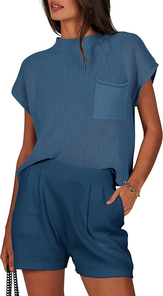 ANRABESS Women's Two Piece Summer Outfits Knit Sweater Short Sets Pullover Tops & Shorts Lounge M... | Amazon (US)