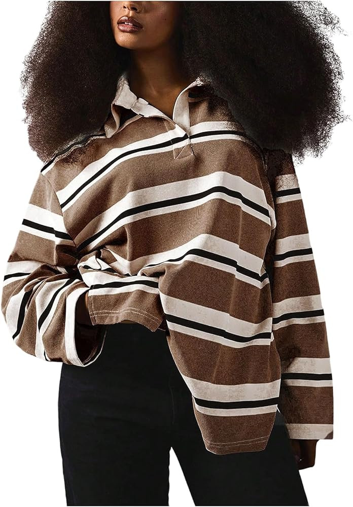 MakeMeChic Women's Striped Collared Sweatshirt Long Sleeve Oversized Y2K Pullover Tops | Amazon (US)