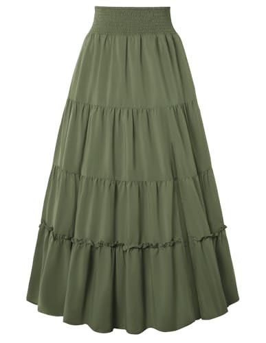 Vintage Style Green Maxi Skirt for Women Tiered Renaissance Long Skirt with Slit Detail Green XL | Amazon (US)