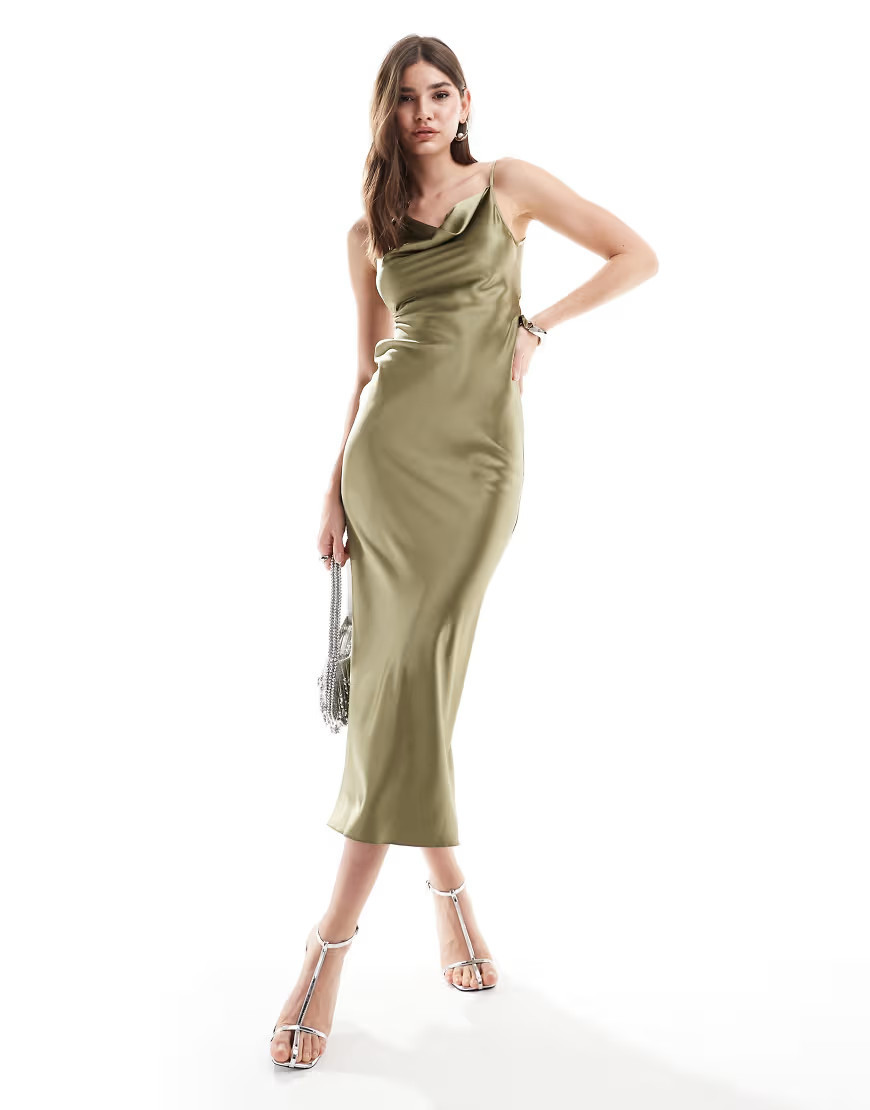 Miss Selfridge satin asymetric cowl maxi dress in khaki-Green | ASOS (Global)
