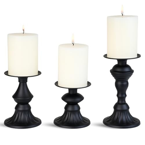 Black Metal Pillar Candle Holders – Set of 3, Rustic & Elegant Design for Home Decor, Wedding &... | Amazon (US)