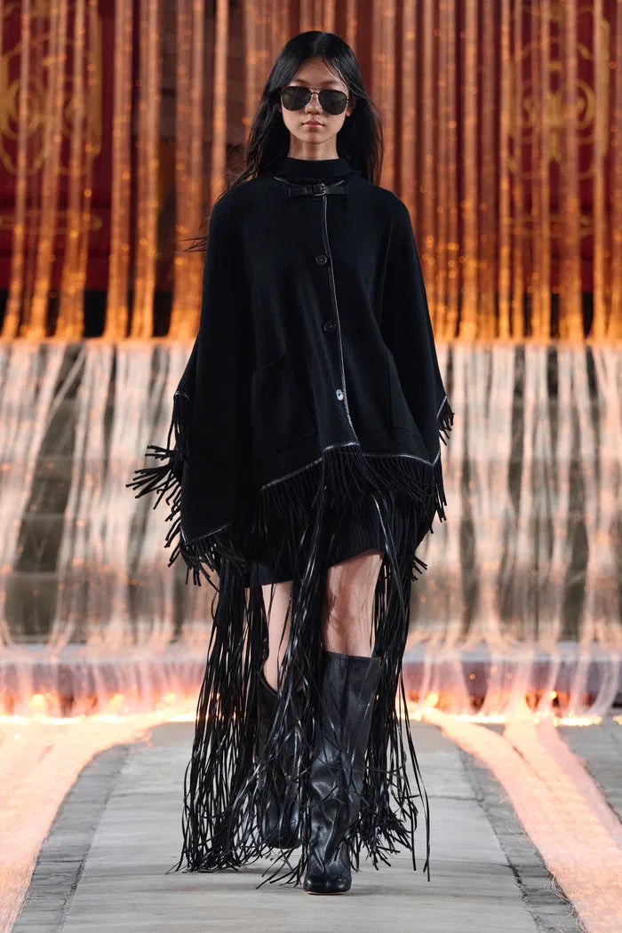 Luna Contrast Leather Fringe Poncho in Merino Cashmere Knit | Fabrique