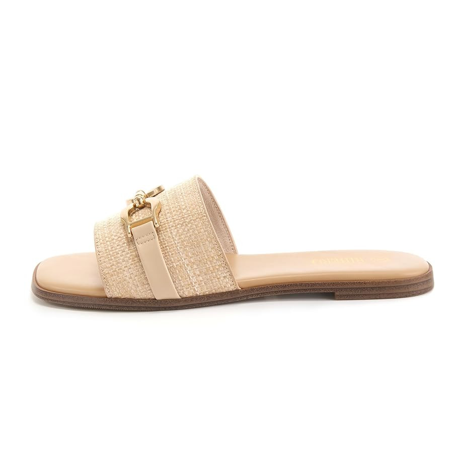 Rihero Women's Flat Sandals Summer Comfortable Square Open Toe Slip On Leather Slide Sandals | Amazon (US)