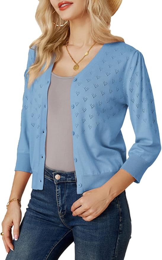 GRACE KARIN Women's 3/4 Sleeve Button Down Knit Cropped Bolero Shrug Cardigan Sweater Open Front ... | Amazon (US)