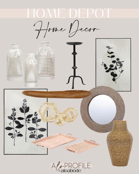 Home Depot Home Decor // wall decor, decorative vases, wood center piece, black accent table, floral wall art, brass tray, woven sculpture, woven round mirror, natural home decor, affordable home decor, home depot home, home depot furniture

#LTKhome