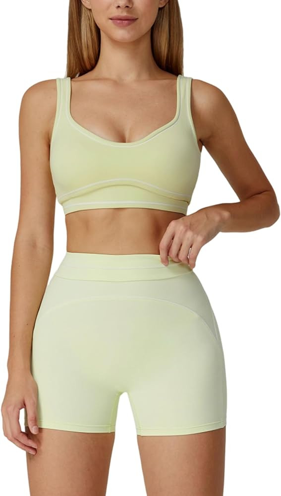 Women 2 Piece Workout Sets U Back Color Block Sports Bra High Waist Tummy Control Active Shorts Y... | Amazon (US)