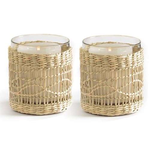 Natural Rattan Wicker Woven Votives Candle Holder Tea Light Candle Holders Set of 2 - Handcraft Rustic Boho Bohemian Seagrass Glass Votive Candle Holders for Summer Fall Dining Table Kitchen Décor | Amazon (US)