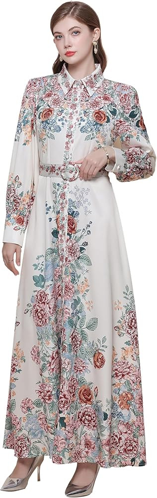 LAI MENG FIVE CATS Women's Vintage Floral Print Belt Maxi Dress Flowy Casual Button Up Split Long... | Amazon (US)