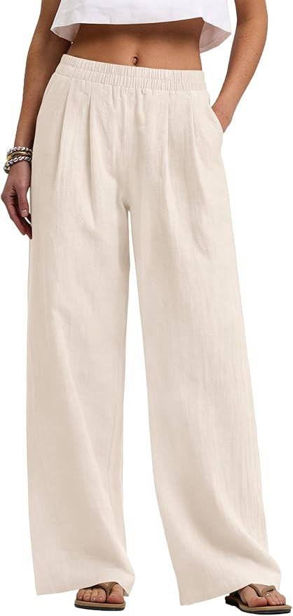 LOMON Cotton Linen Pants Women Wide Leg Palazzo Pants Beach Vacation Outfits Summer 2026 Flowy Cl... | Amazon (US)