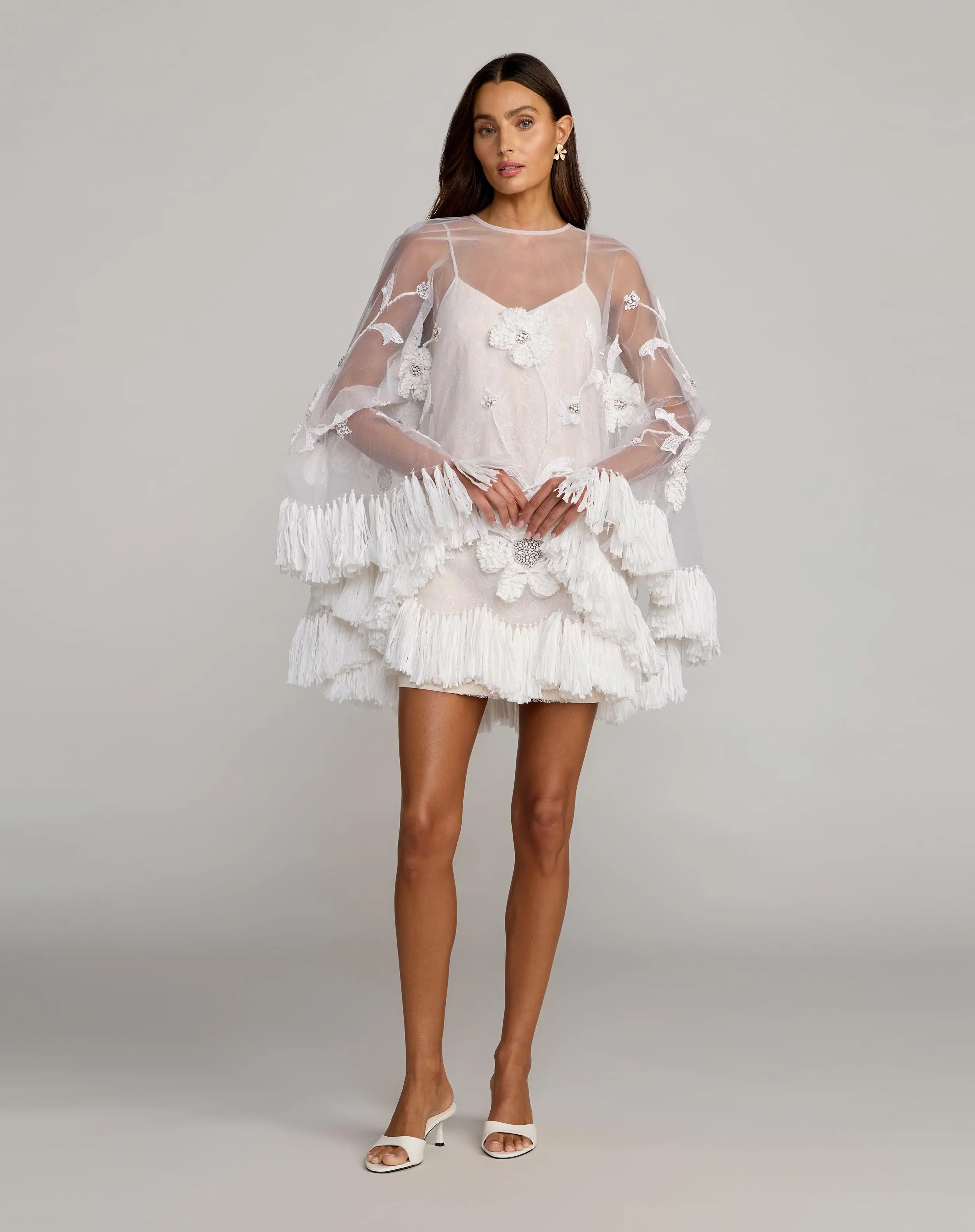 White Embellished Trapeze Mini Dress With Fringe Hem | Mac Duggal | Mac Duggal